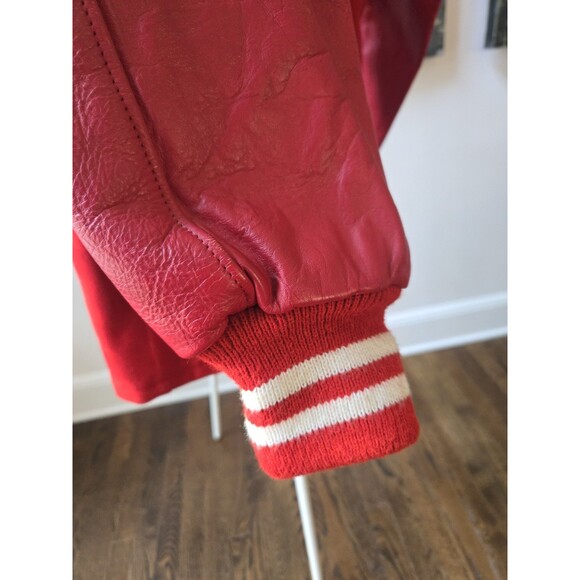 Vintage Men's Sz Large Red Varsity Letterman Leather Sleeves Bomber Jacket Coat - Picture 13 of 16